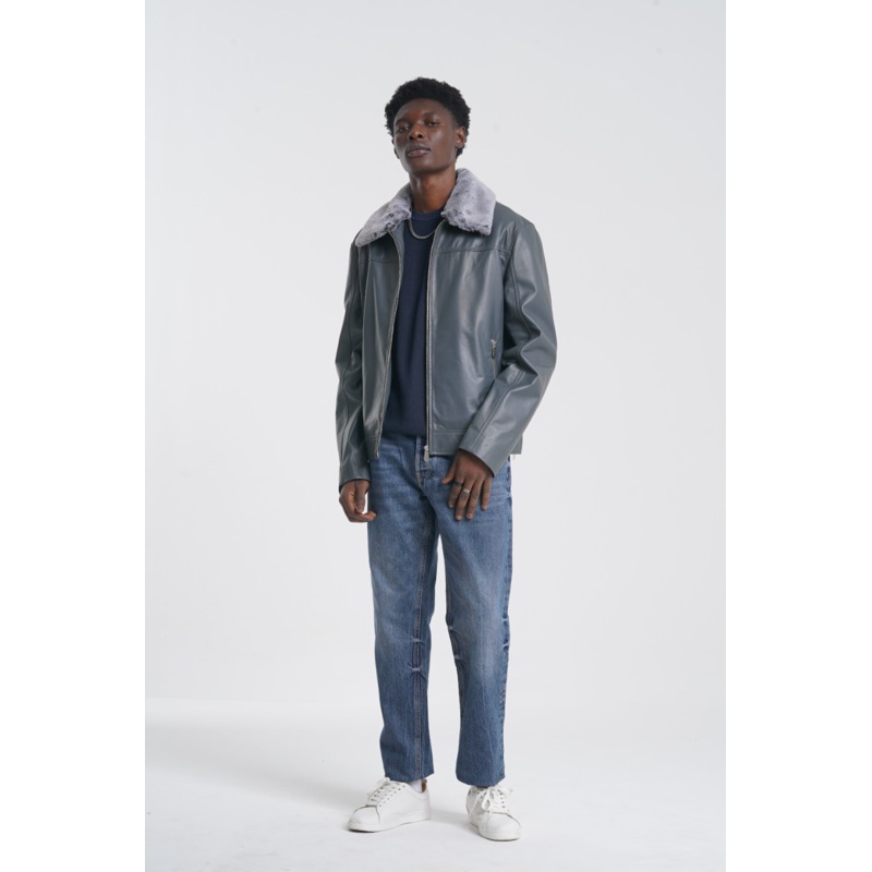 Onyx – Leather Fur Collar Jacket – Dark Shadow S