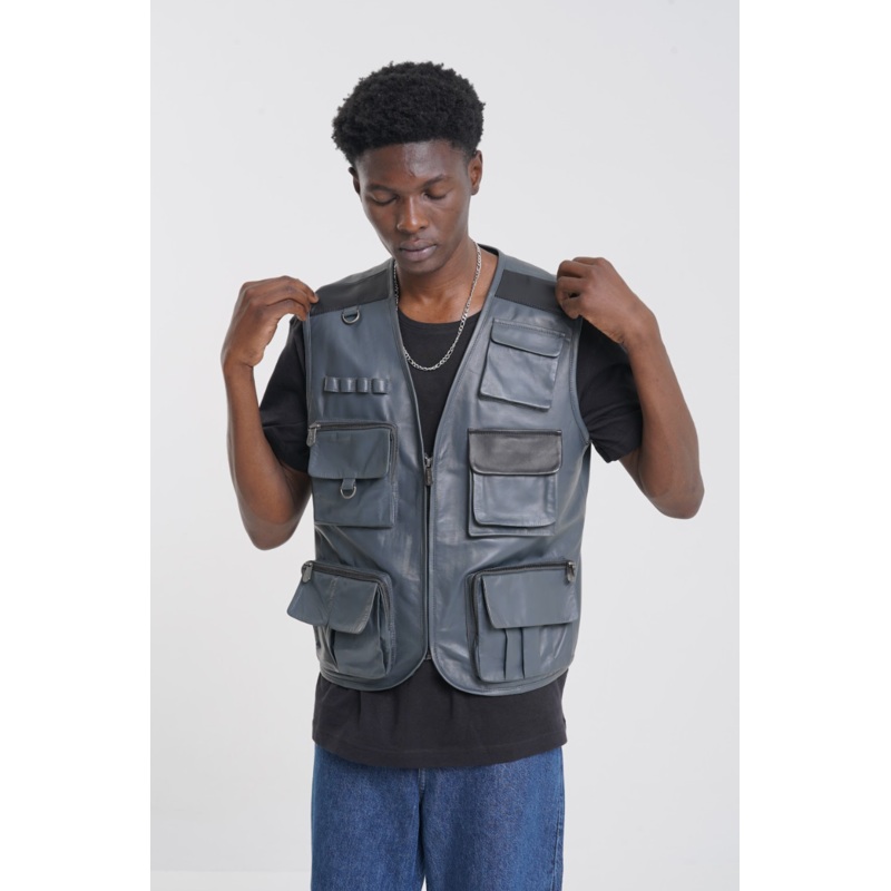 Palm – Leather Utility Gilet – Grey & Black XS