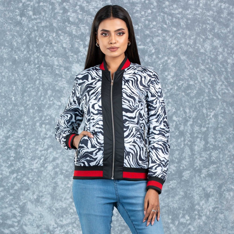 Womens Bomber Jacket- Black/White Aop 2XL BLACK/WHITE AOP