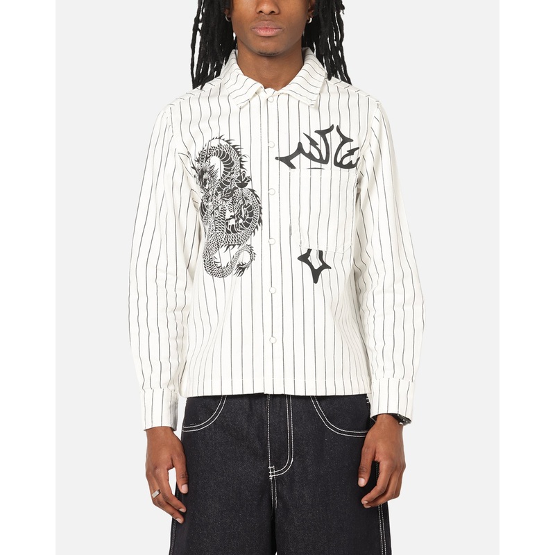 Ed Hardy Euro Button Up Shirt White Pinstripe XS