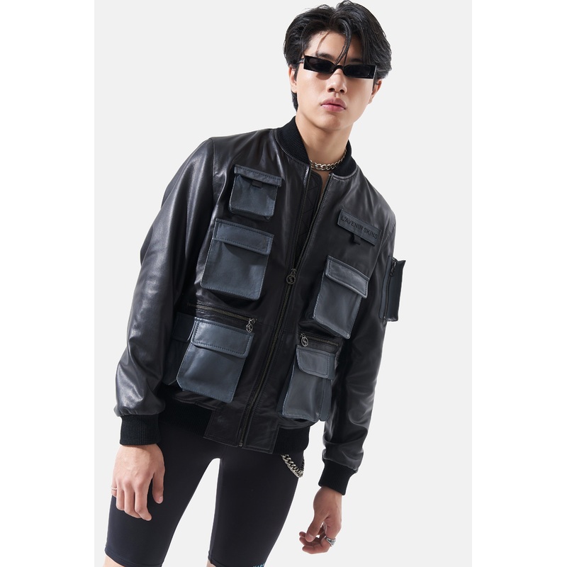 Oskar – Leather Utility Jacket – Black & Grey XS