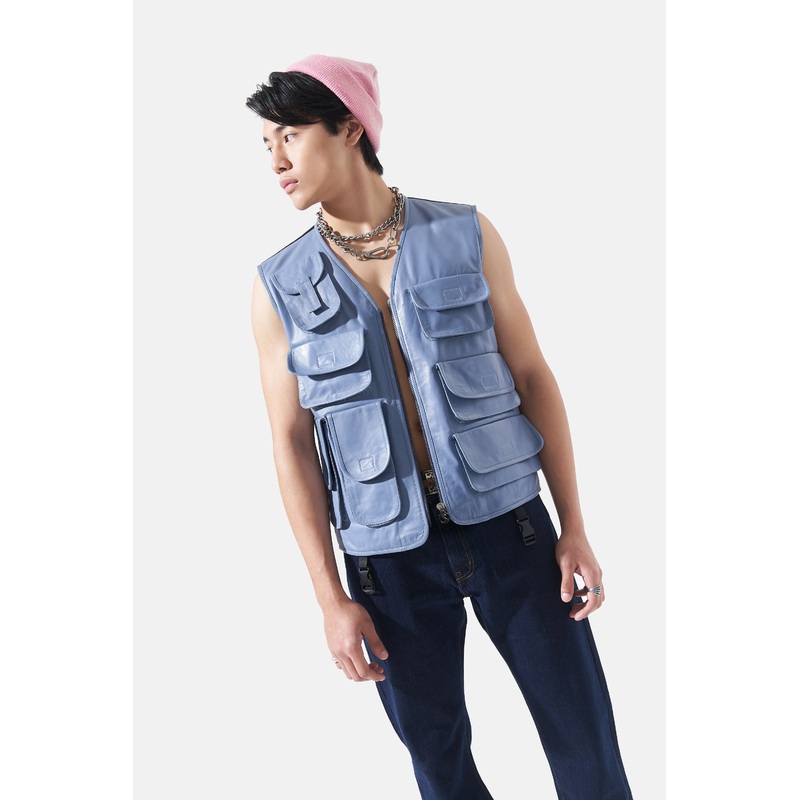 Otis – Leather Utility Gilet – Smoke Blue XS