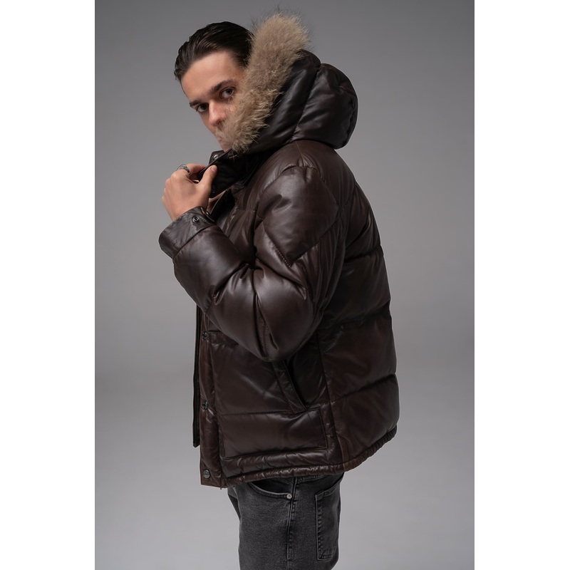 Troy – Leather Hooded Puffer Jacket – Chocolate Brown S