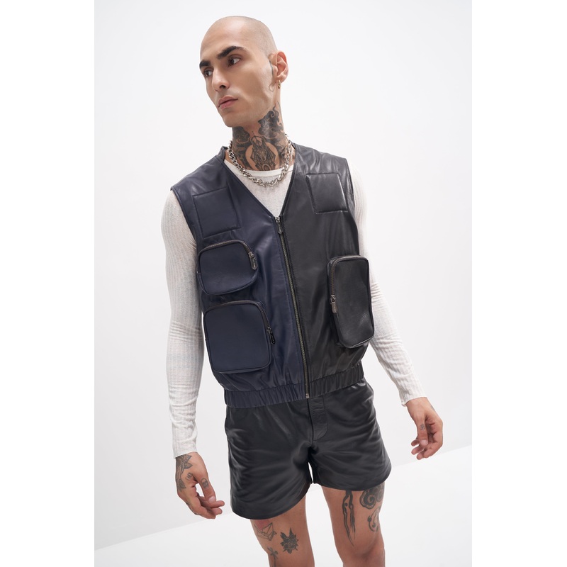 Edur – Leather Utility Gilet – Navy/Black XS