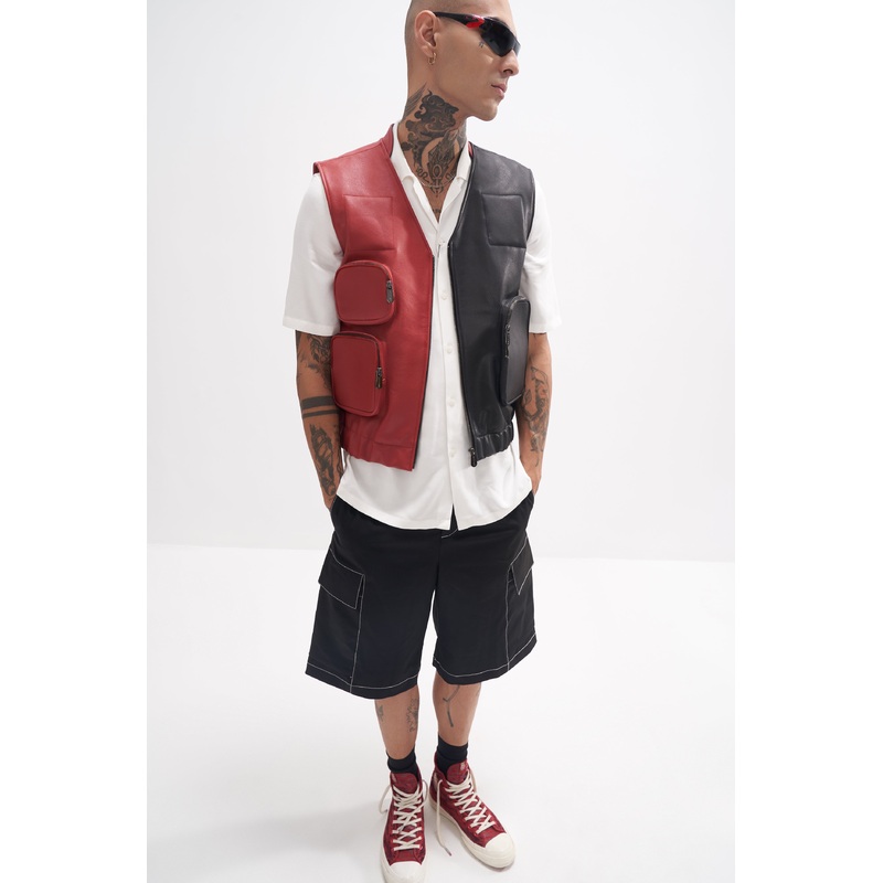 Edur – Leather Utility Gilet – Red/Black XS