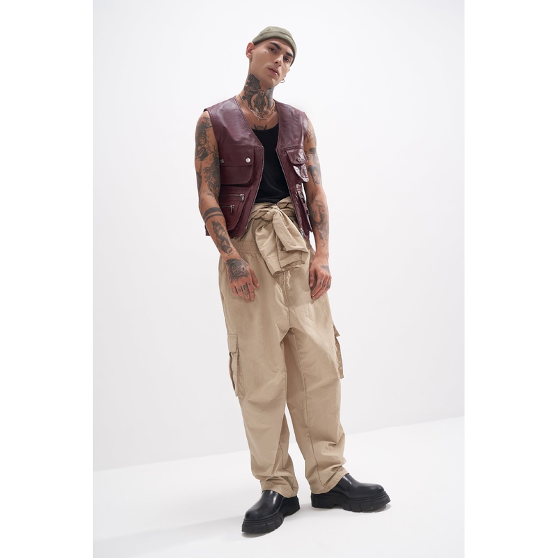 Xavier – Leather Utility Gilet – Wine XS