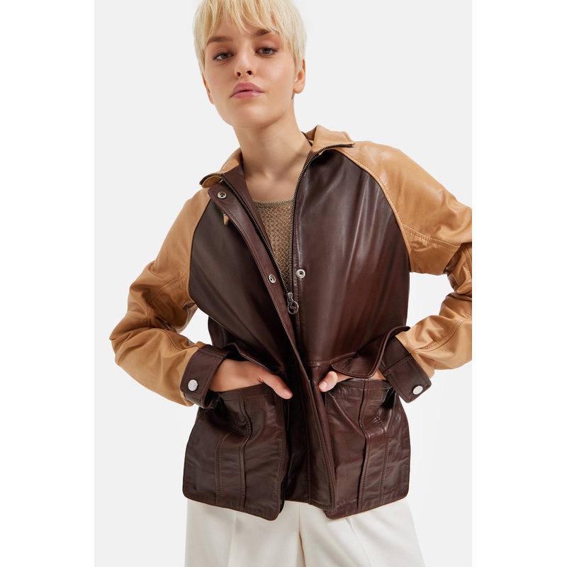 Arya – Dual Tone Leather Zipper Jacket – Sand & Brown XS