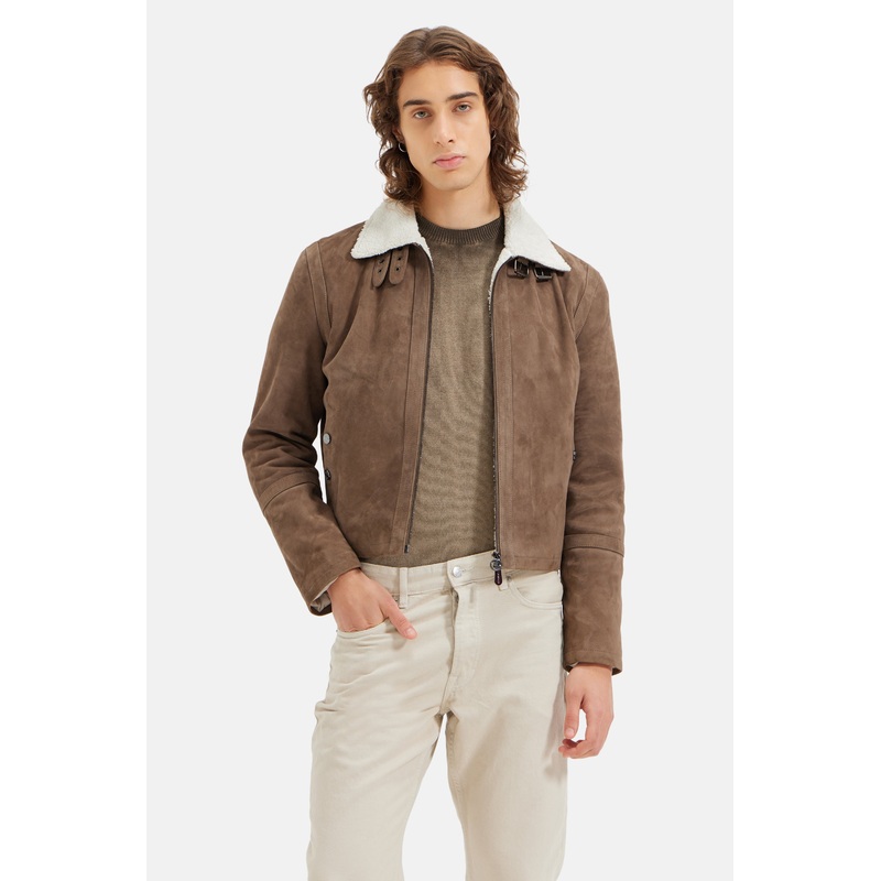Kairo – Suede Bomber Jacket – Fur Collar – Taupe Grey XS