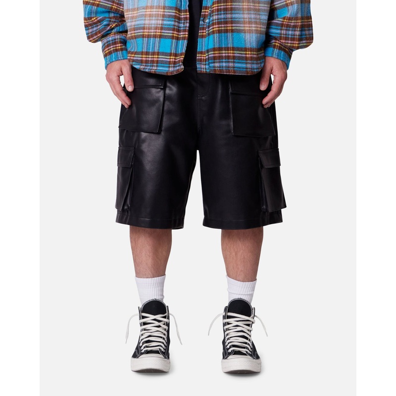 MNML Baggy Vegan Leather Cargo Shorts Black 28