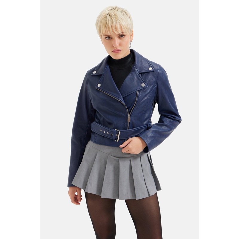 Ellis – Leather Biker Jacket – Navy Blue XS