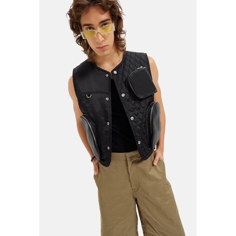 Frase – Utility Quilted Nylon With Leather Pockets Gilet – Black XS