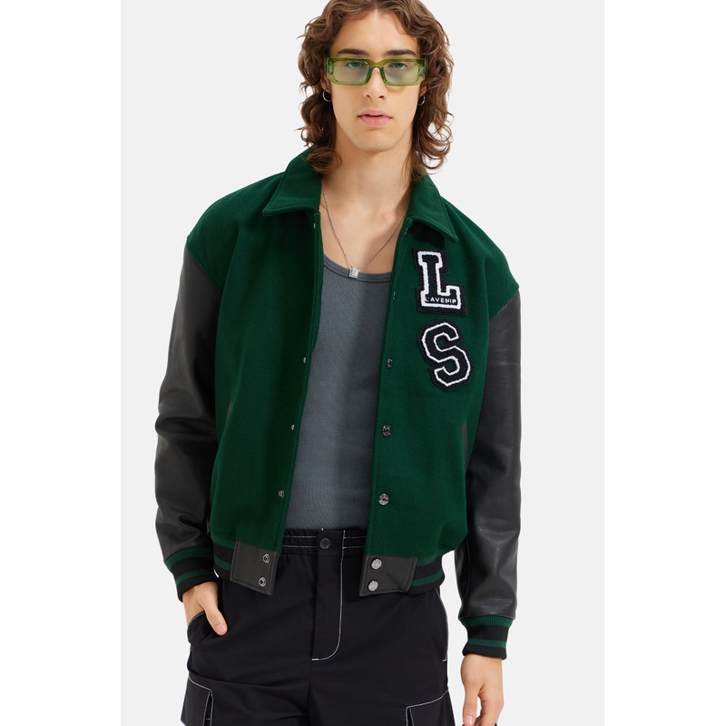 Harlem – Drop Shoulder Varsity Jacket – Forest Green & Black XS