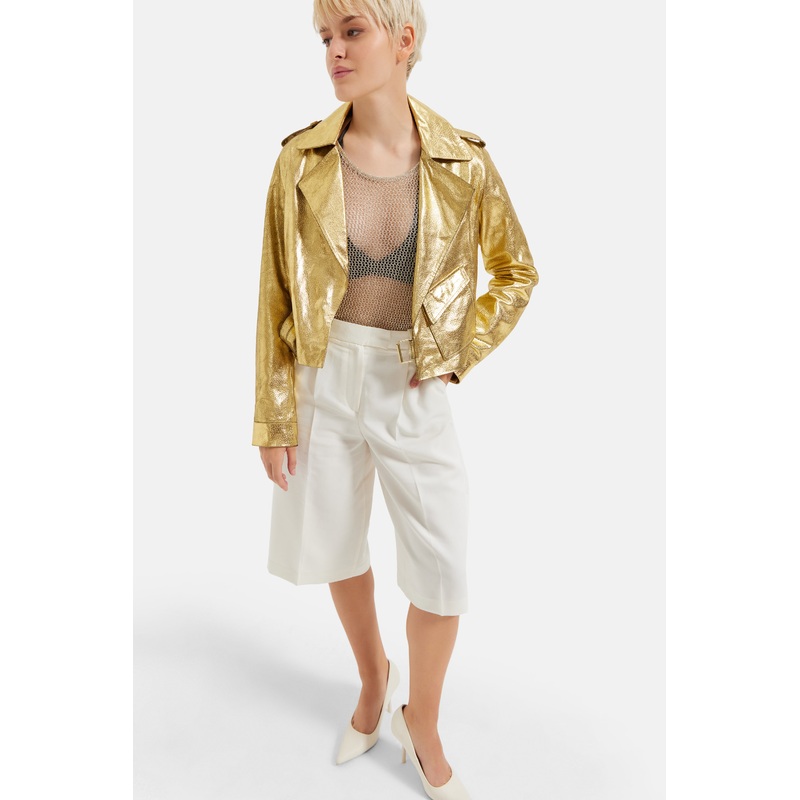 Harmonie – Metallic Leather Biker Jacket – Gold Metallic XS