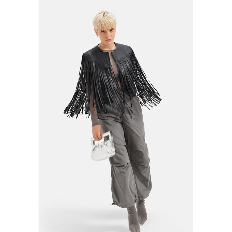 Klara – Leather Fringed Jacket – Black XS
