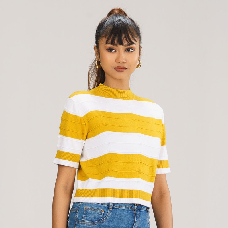 Women White & Mustard Pullover S WHITE/MUSTARD