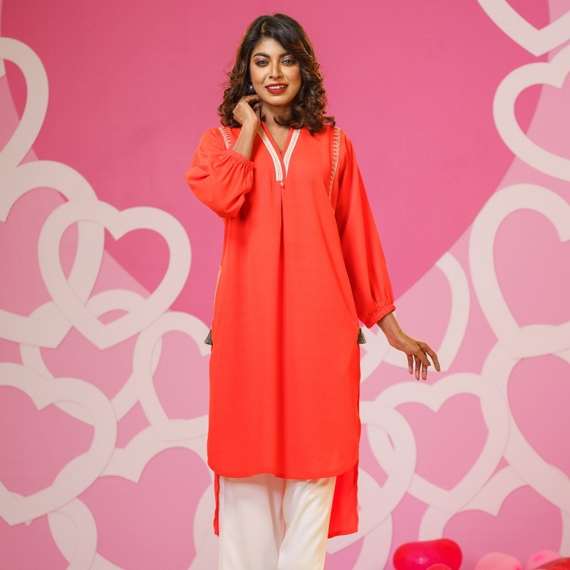 Women Orange Embroidered Kurti 2XL ORANGE