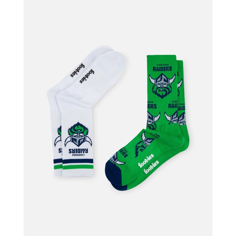 Foot-ies Canberra Raiders Crew Socks 2 Pack Green/White ONE