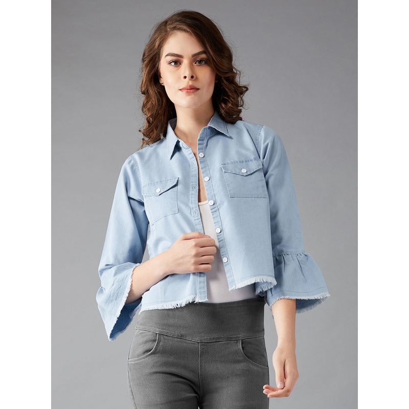 Women’s Light Blue Polo Neck Ruffled Full Sleeve Solid Regular Length Open Front Denim Jacket XS Light Blue