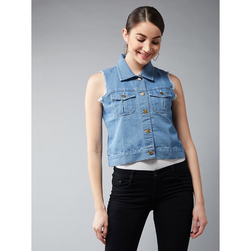 Women’s Light Blue Polo Neck Sleeveless Denim Solid Buttoned Ice Wash Raw Edge Detailing Crop Denim Jacket XS Light Blue