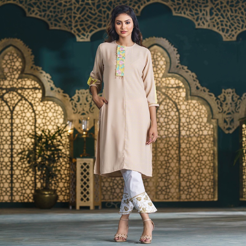 Womens Biscuit-Color Georgette Kurti 2XL BISCUIT COLOR