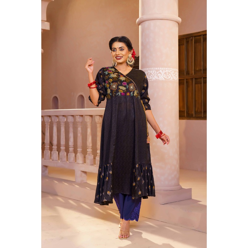 Womens Ethnic High Range Kurti-Black L BLACK