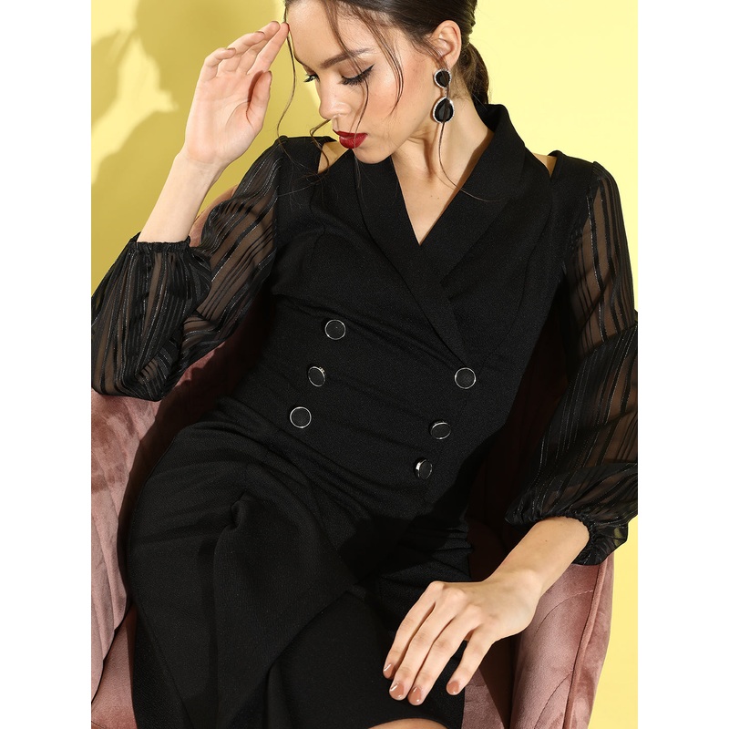 Crease Ease Women’s Black Shawl Collar Bishop Sleeves Solid Double Breasted Knee Length Dress XS Black