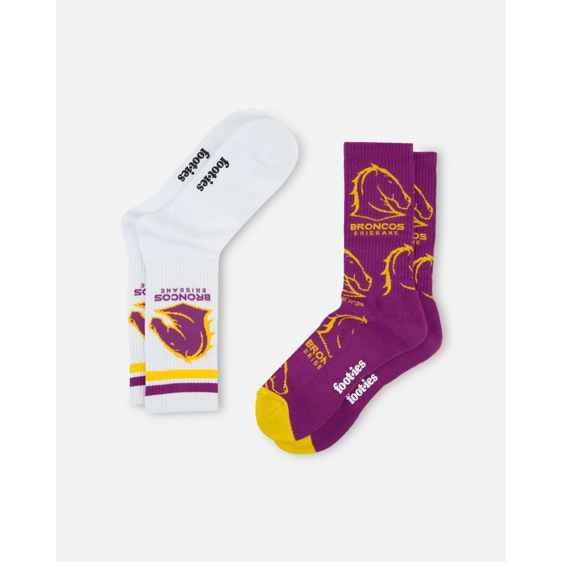 Foot-ies Brisbane Broncos Crew Socks 2 Pack Maroon/White ONE