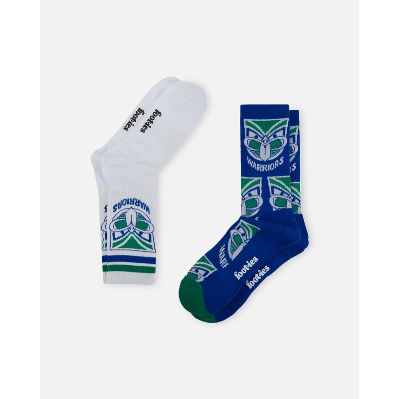 Foot-ies New Zealand Warriors Crew Socks 2 Pack White/Blue ONE