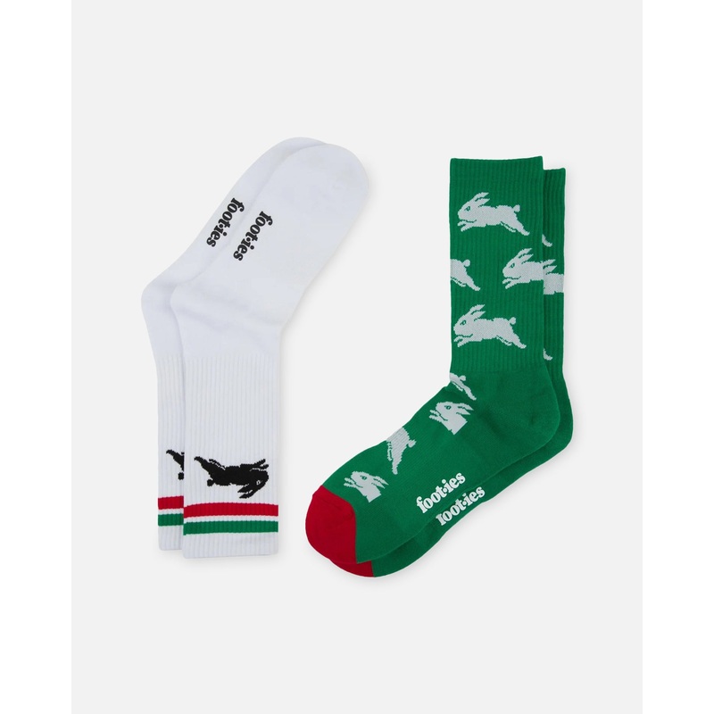 Foot-ies South Sydney Rabbitohs Crew Socks 2 Pack Green/White ONE