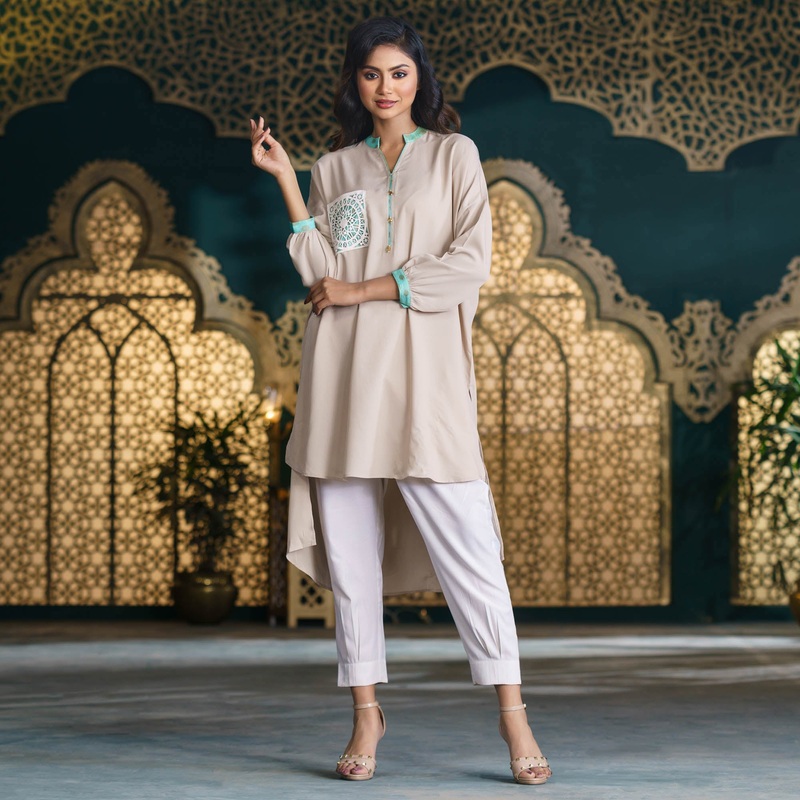 Women Beige Fusion Kurti L BEIGE