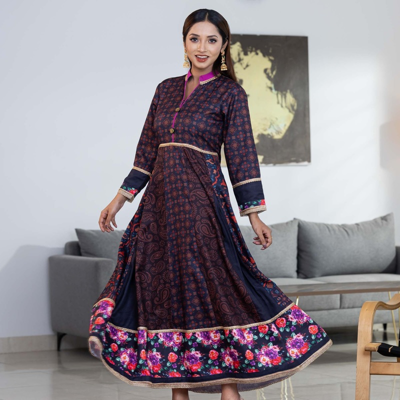 Women Black Digital Print Gown 2XL BLACK