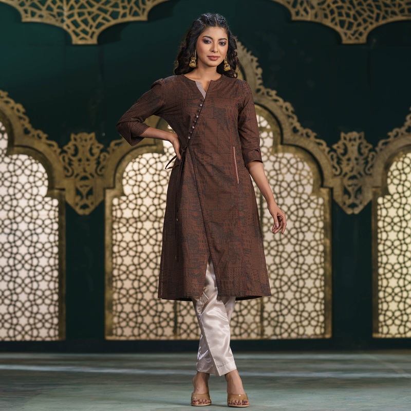 Women Ethnic Brown Fusion Kurti 2XL BROWN