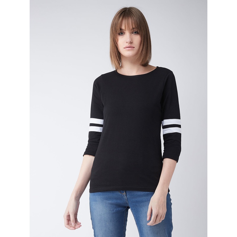 Women’s Black Round Neck 3/4 Sleeves Solid Basic Top XS Black