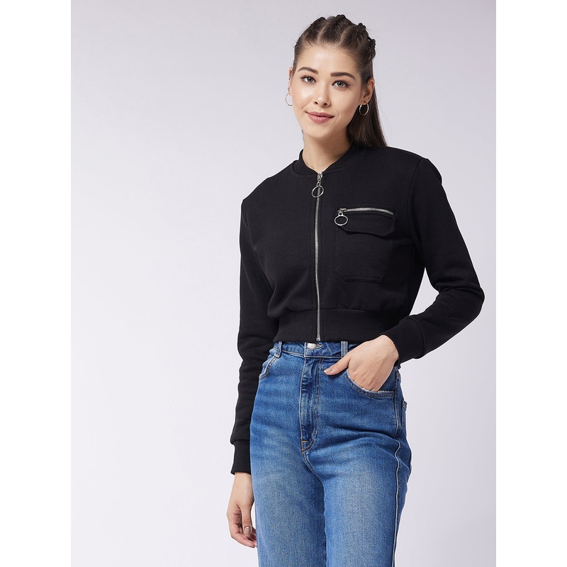 Women’s Black Stand Collar Full Sleeve Solid Boxy/Bomber Crop Jacket XS Black