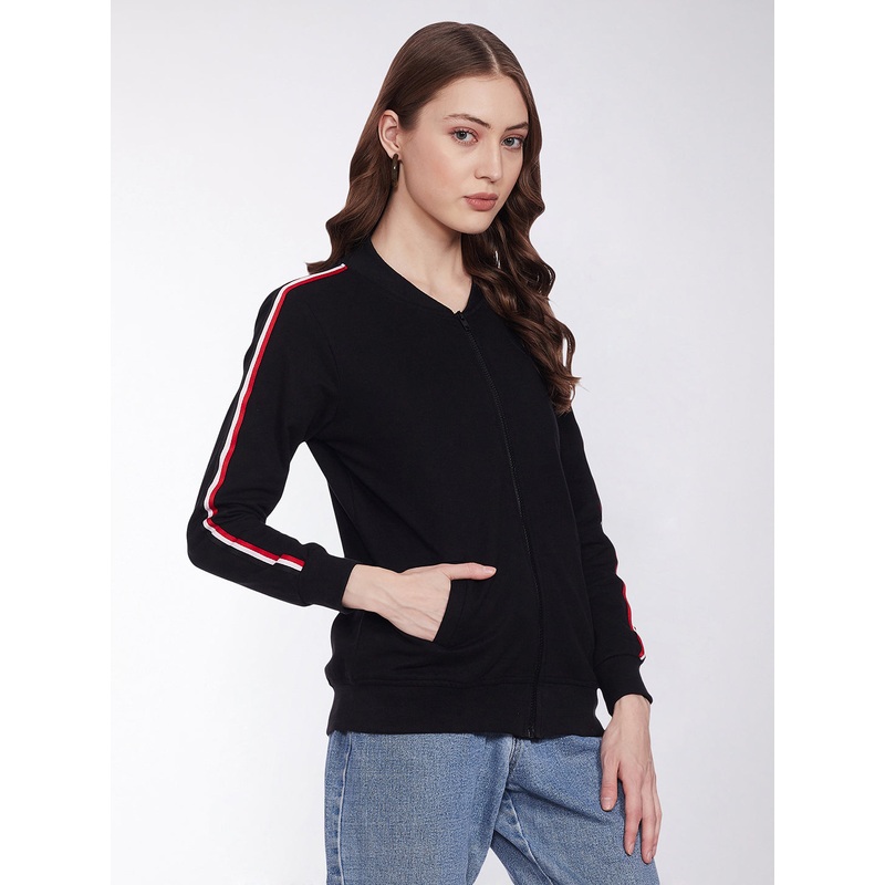 Women’s Black V-Neck Full Sleeves Cotton Solid Zippered Twill Tape Detailing Bomber Jacket XS Black