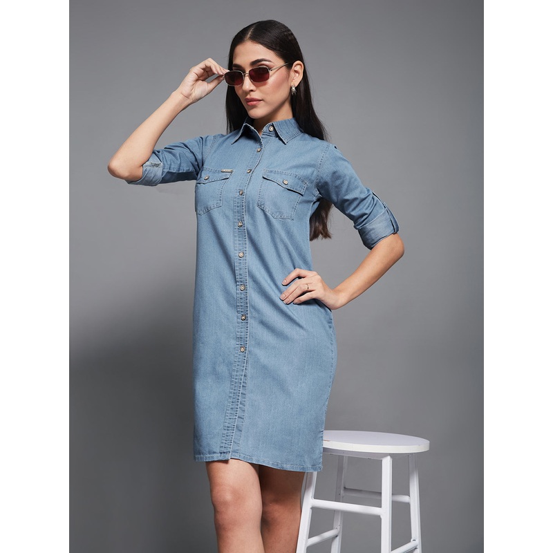 Women’s Blue Polo Neck Rolled Up Full Sleeve Denim Solid Buttoned A-Line Mini Dress XS Blue