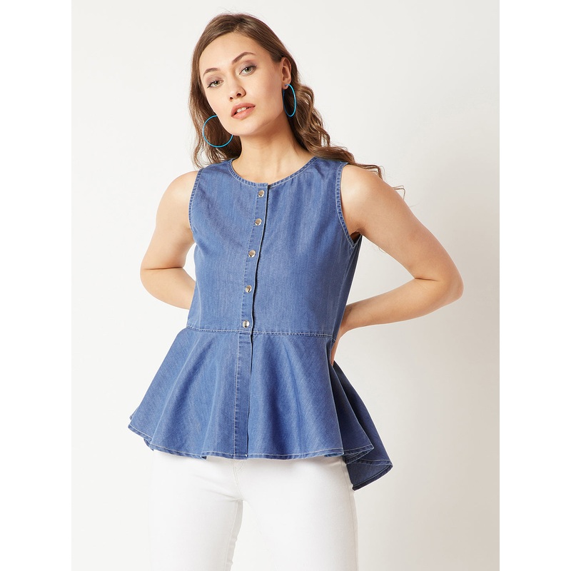 Women’s Blue Round Neck Sleeveless Denim Front Open Solid Peplum Top XS Blue
