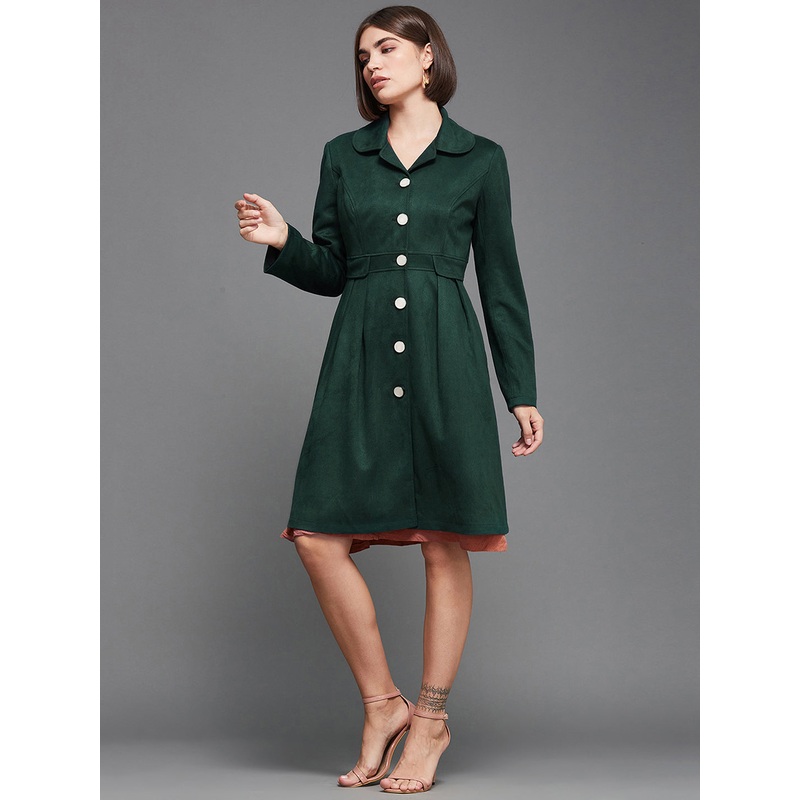 Women’s Dark Green Notch Full-Sleeve Solid Longline Flared Knee-Long Polyester Jacket XS Green