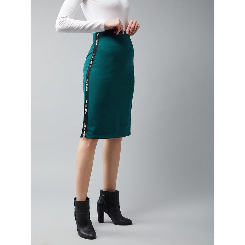 Women’s Forest Green Printed Twill Tape Detailing Solid Bodycon Midi Skirt XS Forest Green