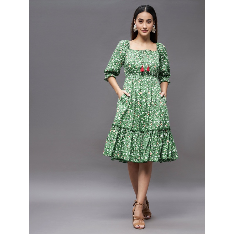 Women’s Green Floral Square Neck 3/4 Sleeve Viscose Rayon Ruffled Knee Length Dress XS Green