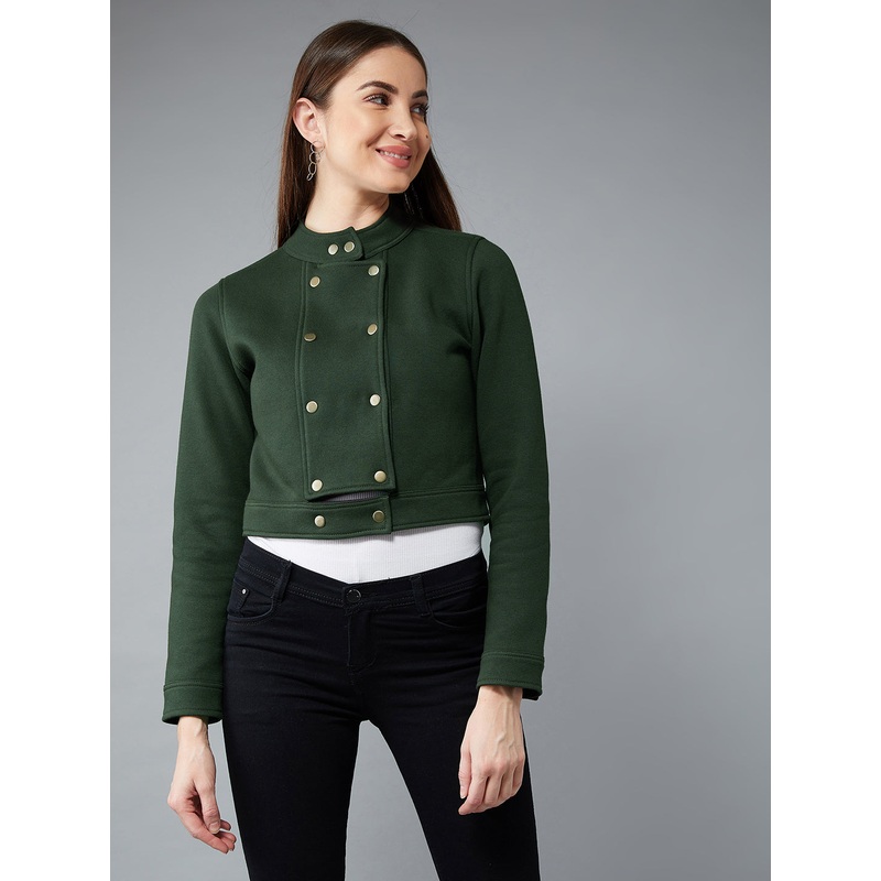 Women’s Green Round Neck Full Sleeves Cotton Paneled Cropped Jacket XS Green