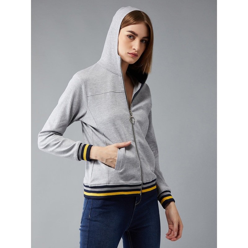 Women’s Grey Mock Collar Full Sleeves Premium Cotton, Rib Solid Hooded Regular Length Jacket XS Grey
