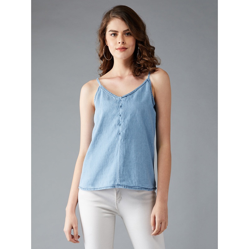 Women’s Light Blue V Neck Sleeveless Cotton Solid Denim Spaghetti Top XS Light Blue