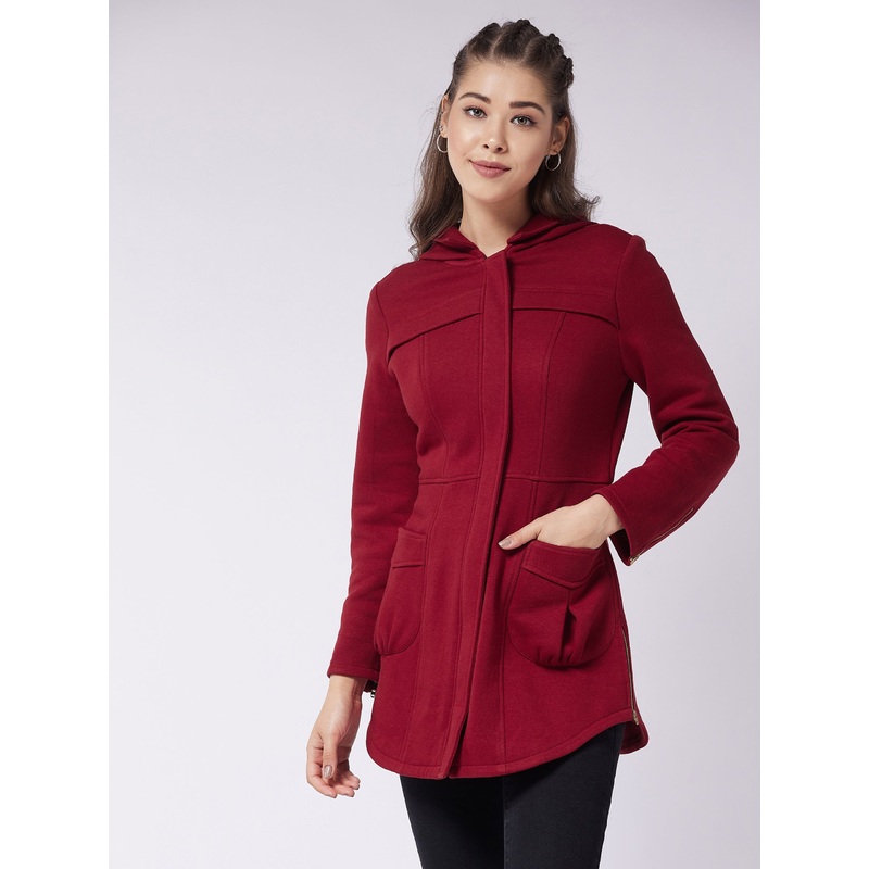 Women’s Maroon Hooded Full Sleeve Solid Longline Jacket XS Maroon