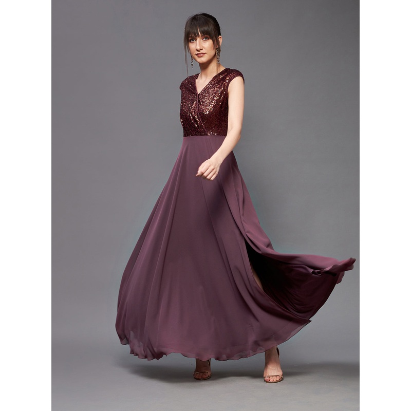 Women’s Mauve & Wine V-Neck Sleeveless Embellished Wrap Maxi Dress XS mauve