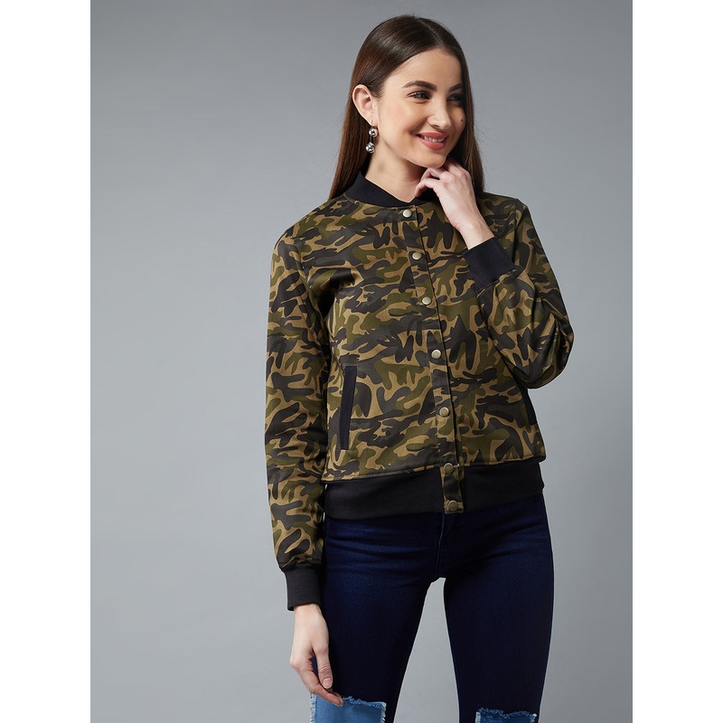 Women’s Multicolor-Base Olive Green Stand Collar Full Sleeves Cotton Bomber Regular Length Jacket XS Multicolor-Base Olive Green