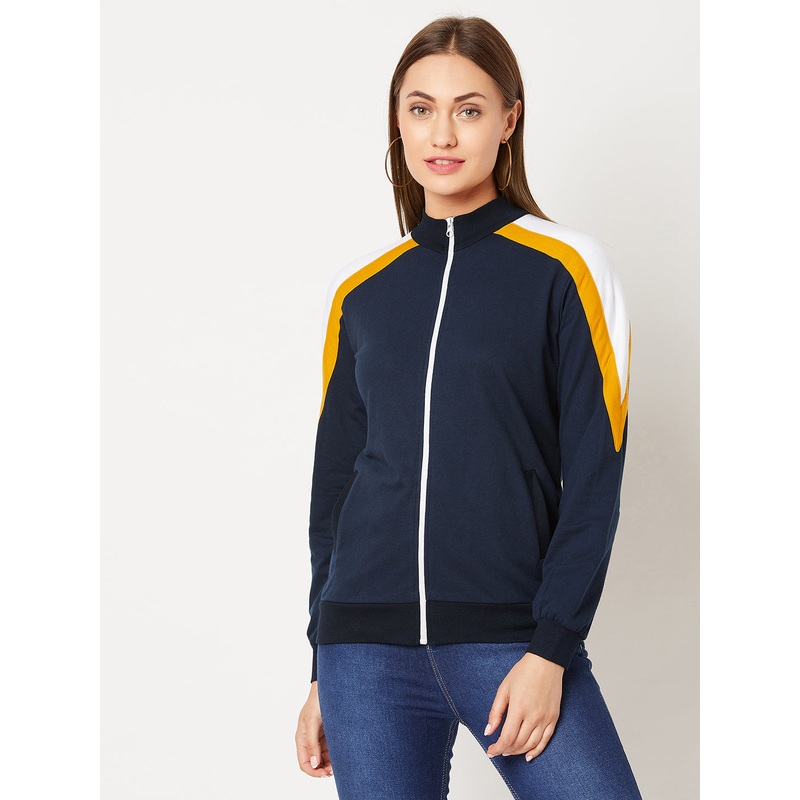 Women’s Multicolored-Base-Navy Blue Turtle-neck Full sleeves Solid Color-Block Regular length Jacket XS Multicolor