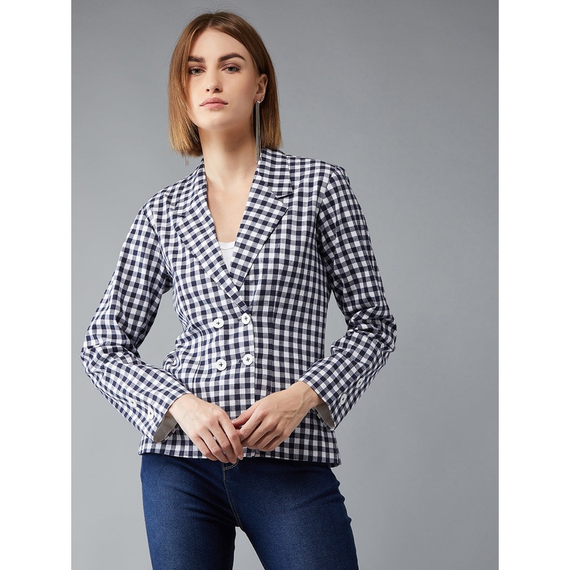 Women’s Navy Blue and White Collared Full Sleeves Checkered Notched Jacket XS Navy Blue And White