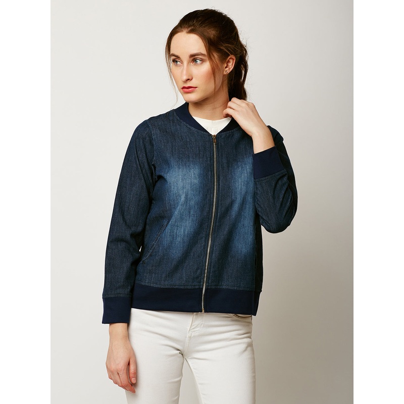 Women’s Navy Blue V-Neck Full Sleeve Solid Denim Bomber Jacket XS Navy Blue