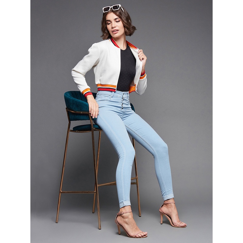 Women’s Off White V-Neck Full Sleeves Fleece, Rib Solid Bomber Cropped Jacket XS Off White